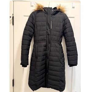 Women's Black Hooded Puffer Coat with Faux Fur Trim